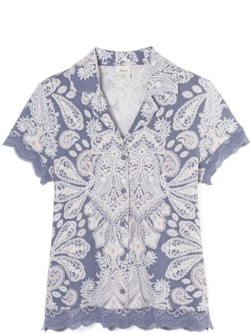 Soma COOL NIGHTS Lace Trim Short Sleeve Notch Collar Pajama Set Paisley Blue XXL - Picture 3 of 10